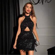 Vestido corto femenino nuevo, estilo sensual, diseño halter con flecos, espalda al descubierto, moda - Negro - Ver 4