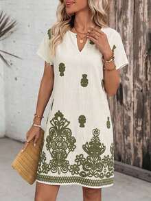 Vestido casual de mujer con estampado floral, cuello en V y manga corta para vacaciones - Verde 2 - Ver 7