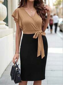 Vestido midi con estampado floral y cuello en V con mangas cortas, elegante para vacaciones - Caqui - Ver 7