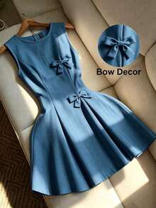 Vestido de línea A con cintura ceñida, decorado con lazo, a rayas azul y blanco, adecuado para la escuela, picnic de fin de semana, salida casual con amigos, de estilo fresco y dulce - Azul - Ver 7