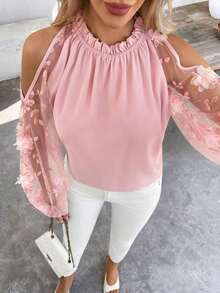 Blusa casual de verano para mujer con mangas de linterna, hombros descubiertos y cuello en unicolor - Rosa - Ver 7