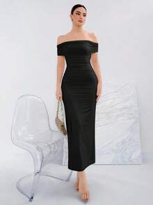 Vestido elegante de punto con hombros descubiertos de unicolor para banquetes - Negro - Ver 1