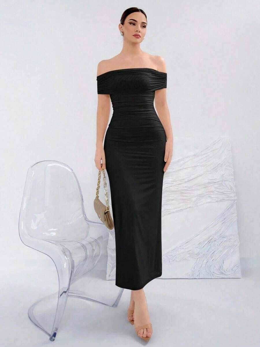 Vestido elegante de punto con hombros descubiertos de unicolor para banquetes - Negro - Ver 1
