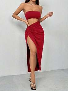 Vestido elástico con corte, frontal retorcido y abertura alta en el muslo - Rojo - Ver 9