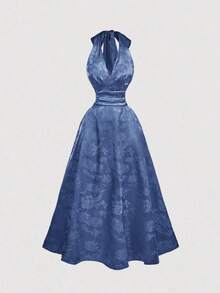 Vestido de mujer de moda con estampado total, cuello halter y lazo en la cintura, de largo medio - Azul - Ver 5