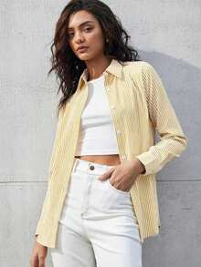 Camisa de mujer de manga larga con hombros caídos y rayas, estilo básico urbano y de commuter, moda simple y elegante, adecuada para vestimenta casual de negocios, oficina, profesora - Amarillo - Ver 6