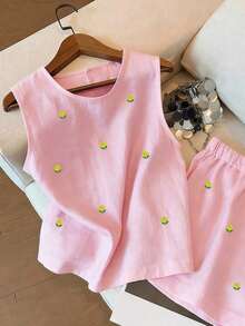 Conjunto de top de tirantes y shorts con bordado floral diminuto - Rosa - Ver 4
