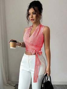 Chaleco de verano casual y elegante tejido para damas - Rojo - Ver 6