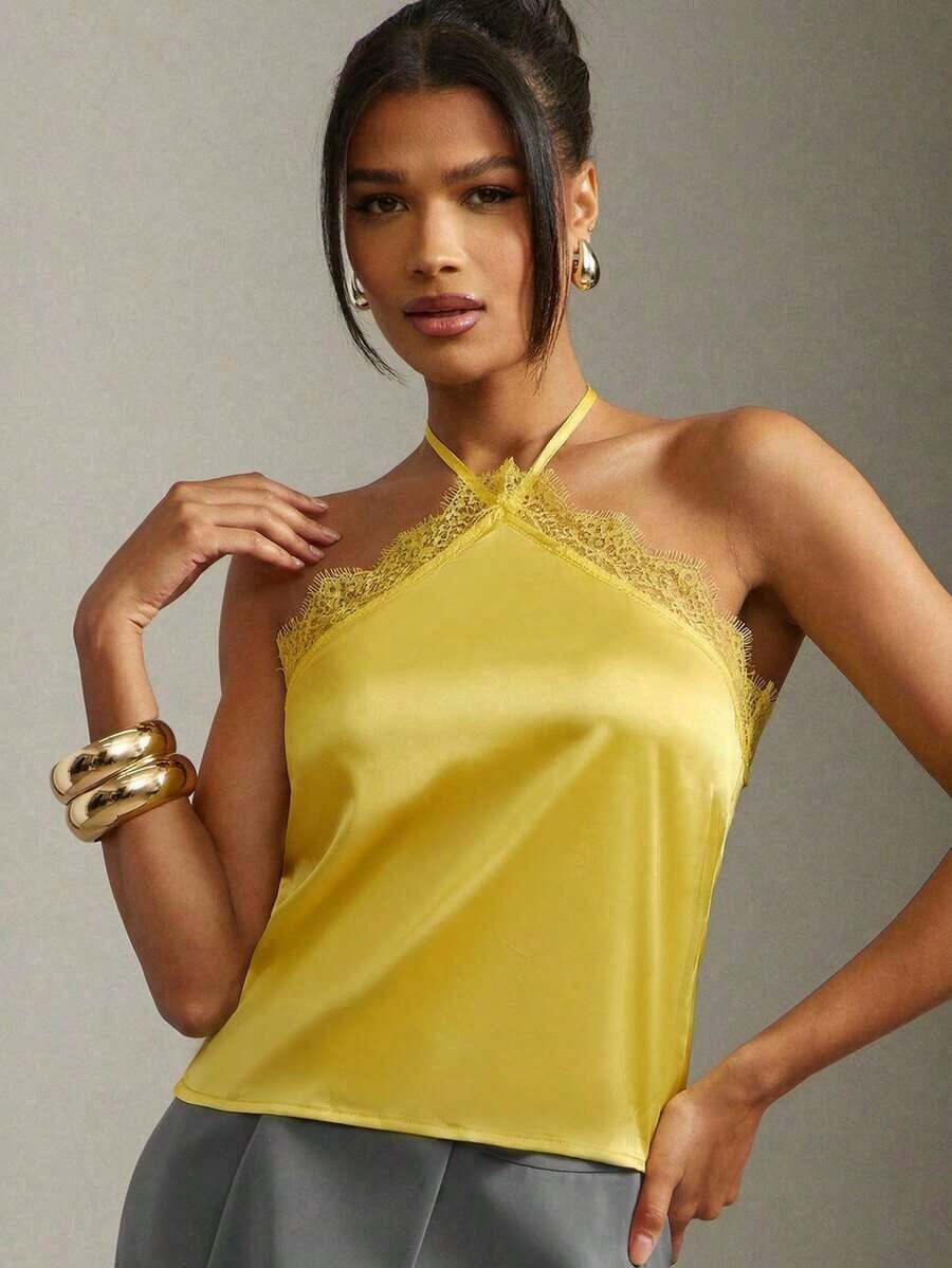 Top de tirantes con detalle de encaje sexy para la oficina en verano - Amarillo - Ver 1