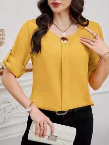 Clasi Blusa casual sencilla para uso diario con cuello redondo, manga corta y botones delanteros para mujer - amarillo ganso - Ver 1