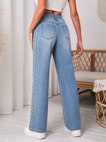ALO FASHION Women's Light Blue Washed Denim Wide Leg Jeans, Very Stretchy Long Pants With Side Pearl Embellishments, Perfect For Elegant And Casual Styles. - 寶藍色 - 查看 5