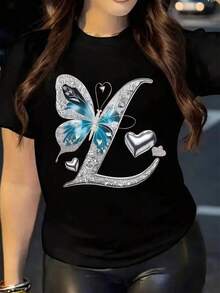Playera con diseño de mariposa, efecto platinado pero es estampado, diseño moderno, ideal para uso diario, llamativo, moderno, holgado, cuello redondo, manga corta, ideal para tí - Negro - Ver 1