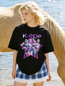 Women's Soft And Casual Short-Sleeved Crew Neck T-Shirt With A K-Pop Star Graphic Print, Suitable For Everyday Wear. Black. - 黑色 - 查看 2