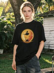 Ropa de Verano para Mujer, Camiseta de Algodón Suave Casual con Cuello Redondo, Estampado de Dibujos Animados. Negro. - Negro - Ver 2