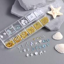 12格金色海洋主題美甲裝飾，含3D金色珠飾、白色與米色水鑽、貝殼合金鉚釘、海星與貝殼混搭設計，海洋主題美甲DIY配件美甲飾品 - 彩色 - 查看 5