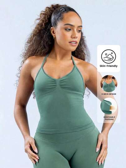 Yefecy Women's Y2K Aesthetic Bandeau Sports Bra, Solid Backless Workout Tank Top With Removable Pads, Ultra Soft Breathable Sweatproof Fabric, All Season Casual Gym Yoga Daily Streetwear Activewear