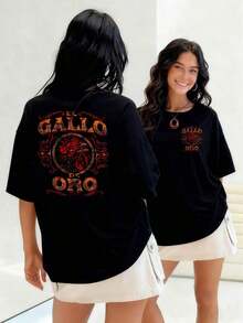 Golden Rooster Surrounded By Ornaments Symbolizing Strength And Prosperity On A Double-Print Women's T-Shirt, 100% Cotton. Suitable For Spring, Summer And Autumn. - 黑色 - 查看 1