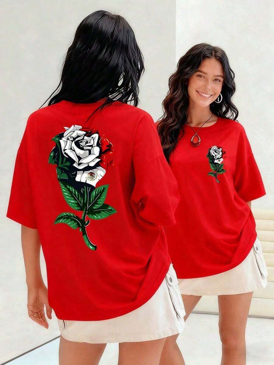 Tricolor Pink T-Shirt With The Mexican National Emblem For Women, Celebrating National Identity And Mexican Pride. 100% Cotton. Suitable For Spring, Summer, And Autumn. - 紅色 - 查看 1