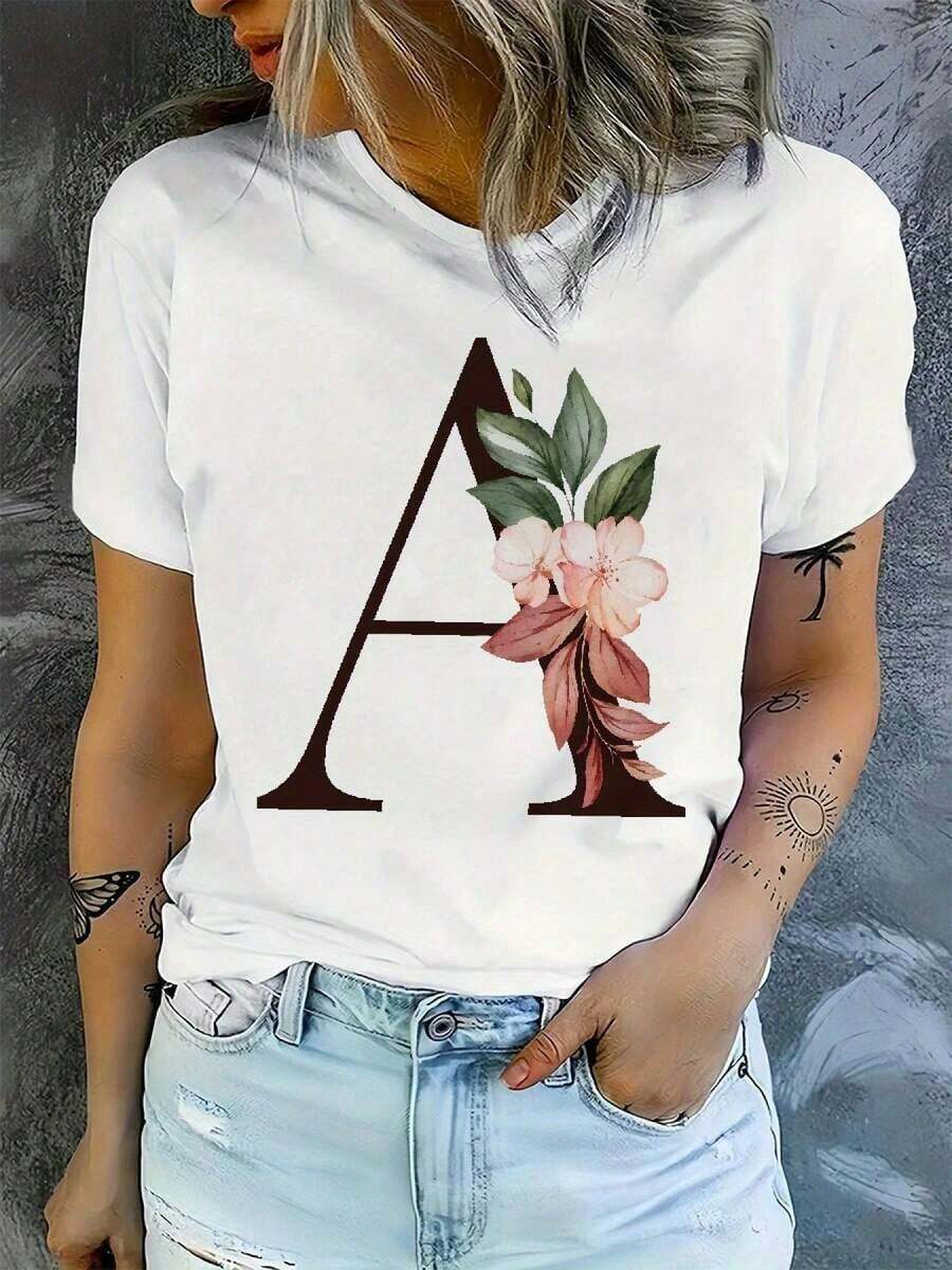 Women's T-Shirt With Inspirational Quotes - Soft Polyester Crew Neck With Floral And Vibrant Alphabet Design, Loose Fit For Casual Spring/Autumn Wear, Motivational Clothing | Floral Letter Print | Comfortable Fit Blouses>Pretty - 白色 - 查看 1