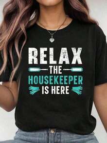 100% Cotton T-Shirt For Cleaning Staff, Waiters, Cleaning Personnel, Casual Graphic T-Shirt For Men And Women, Graphic T-Shirts For Women, Summer T-Shirt, Casual T-Shirt, Holiday Clothes For Women, Youthful And Modern Design, Suitable For Spring, Summer And Autumn. - 黑色 - 查看 6