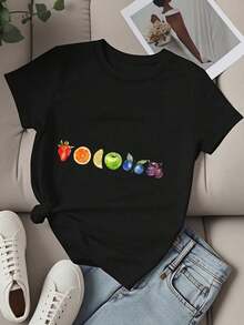 Casual Fruit Print T-Shirt, Women's Graphic Tee, Short Sleeve Casual Top, Summer Fashion, Fruit Print T-Shirt, 100% Cotton, Durable - 黑色 - 查看 3