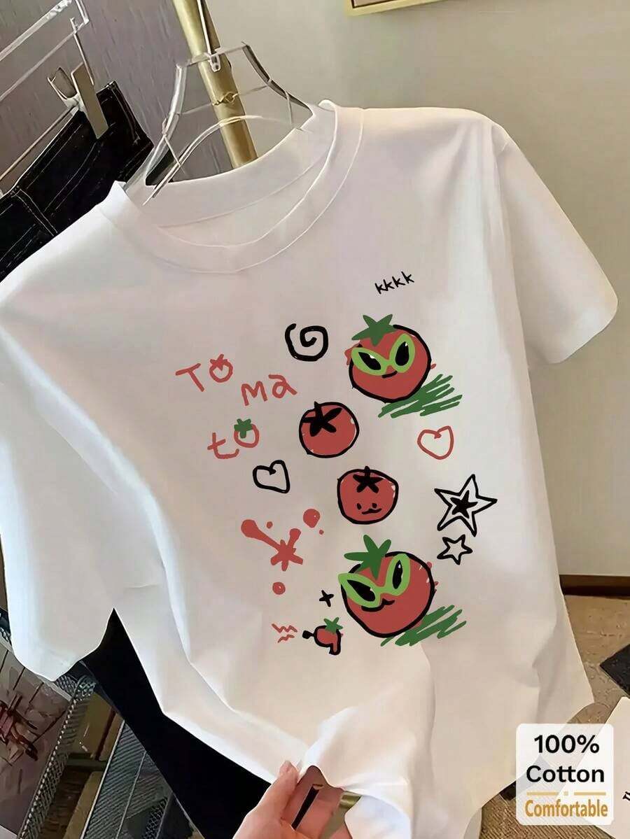Women's Midi-Length Short-Sleeved T-Shirt With Cartoon Tomato And Heart Print, Minimalist Slimming Loose Design, Casual White Summer T-Shirt For Women. - 白色 - 查看 1
