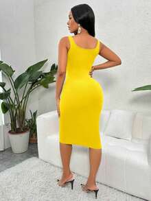 casual ajustado de unicolor con botones frontales y tirantes anchos para mujeres, atuendo de mujer de largo maxi para Año Nuevo - Amarillo - Ver 2