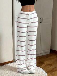 Pantalones casuales de mujer con cintura con cordón acanalado, para primavera/otoño - Morado - Ver 3