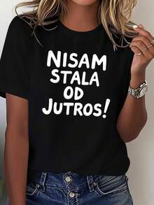 1 camiseta de manga corta para mujer, cuello redondo, primavera/verano, con estampado de texto, 180g 100% algodón. - Negro - Ver 6