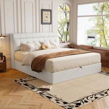 Elegant Upholstered Bed, 140x190 Cm, Hydraulic System, Hidden Storage Space In The Side, Storage Compartment For The Bed Frame, Faux Leather, Slatted Base And Headboard, Mattress Not Included, White Color. - 白色 - 查看 2