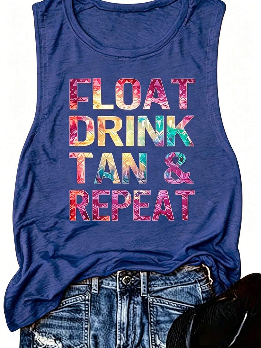 "Float Drink Tan & Repeat" Tie-Dye Slogan Tank Top For Women, Vacation Graphic Loose Fit Sleeveless Vest Casual Summer Beach Streetwear Top. - 寶藍色 - 查看 1