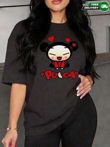 Camiseta para mujer de poliéster en color gris con estampado de personaje Pucca y corazones – casual y de uso diario, envío nacional en México - Blanco - Ver 1