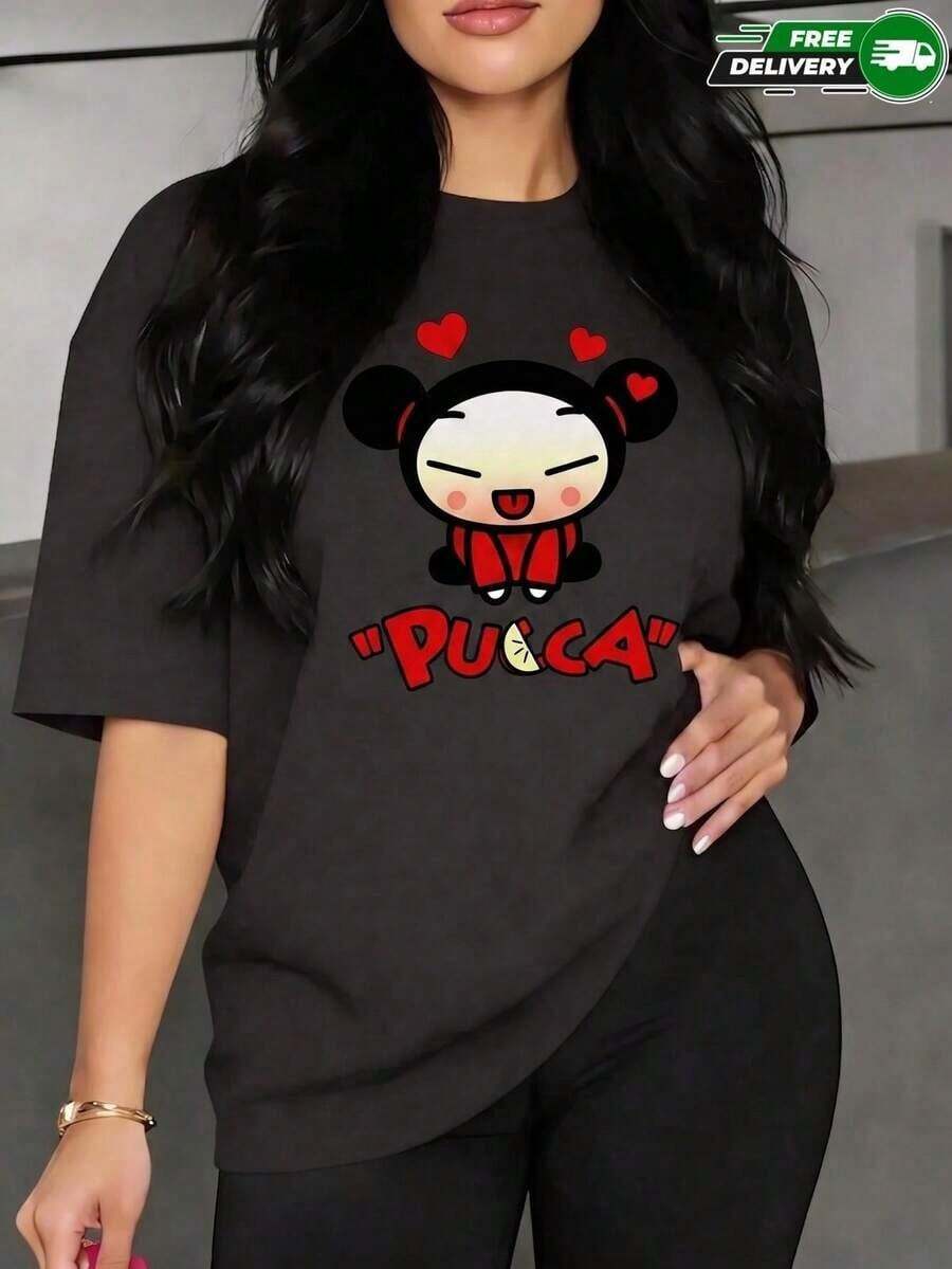 Camiseta para mujer de poliéster en color gris con estampado de personaje Pucca y corazones – casual y de uso diario, envío nacional en México - Blanco - Ver 1