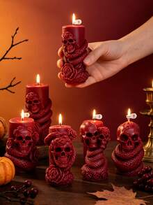 Gothic Style Dark Red Skull & Snake Coiled Scented Candle - 3D Embossed Vintage Decor, Halloween Party Atmosphere Enhancer, Dark Aesthetic High-End Gift - Halloween - Scented Candles - View 6