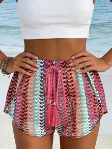Women's Bohemian Style Beach Shorts, Openwork Knit With Print And Tassel Bow. - 圖片色1 - 查看 8