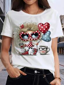Women's T-Shirt With Round Neck And  Anime Letter Print, Easy Design, Comfortable And Breathable, Ideal For Casual Daily Wear, Showing A Natural And Elegant Style, A Must-Have For Summer Parties (Mixed Color) - 乳白色 - 查看 1