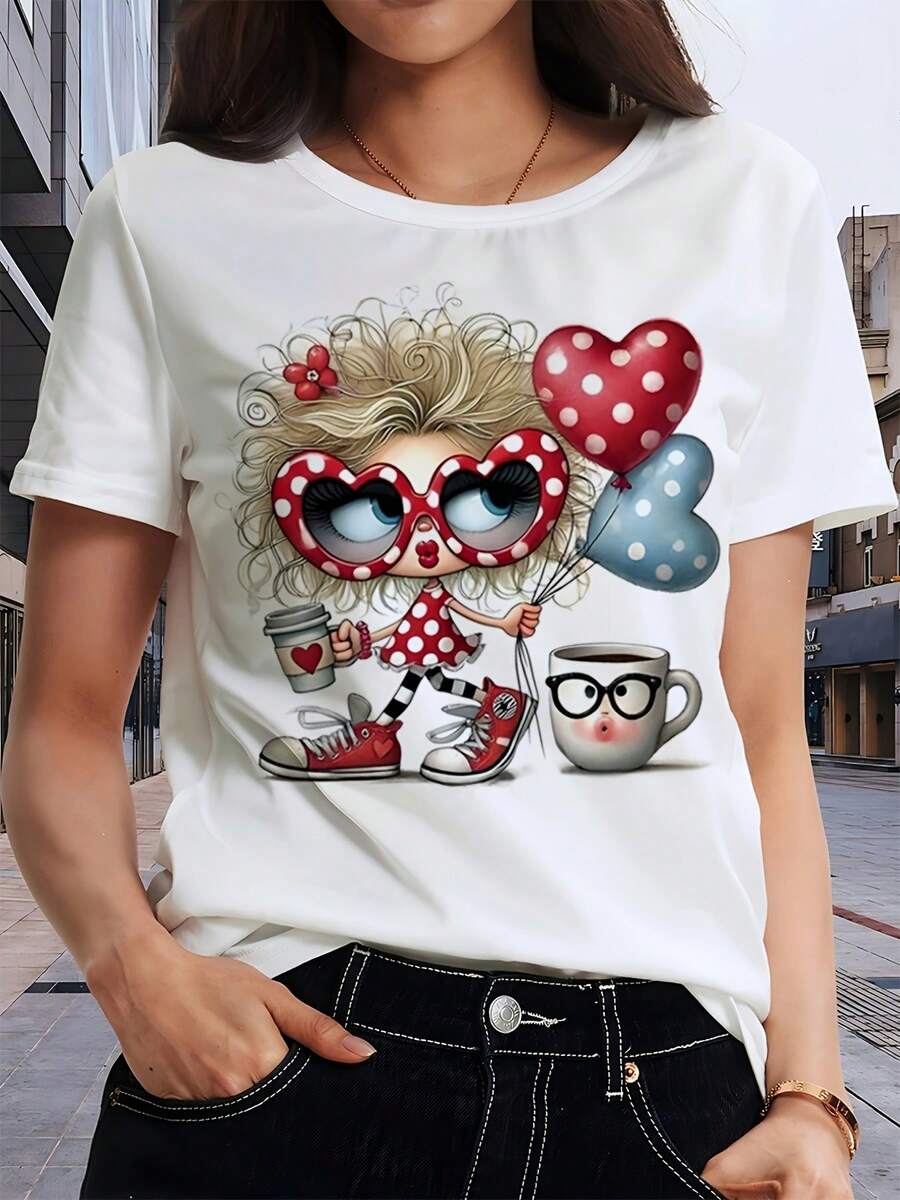 Women's T-Shirt With Round Neck And Anime Letter Print, Easy Design, Comfortable And Breathable, Ideal For Casual Daily Wear, Showing A Natural And Elegant Style, A Must-Have For Summer Parties (Mixed Color) - 乳白色 - 查看 1