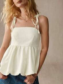 Top tipo camiseta sin mangas con tirantes tipo espagueti, lazo, espalda fruncida, dobladillo abullonado, estilo cowgirl, perfecto para el verano, primavera o vacaciones en la playa - Blanco 2 - Ver 3