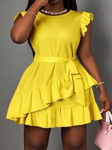 Vestido casual de talla grande con volantes en el bajo y unicolor - Amarillo - Ver 2