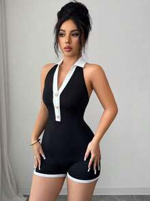 Elegant And Casual Women's Jumpsuit With A V-Neck And Contrasting Colors, Sexy With A Deep V-Neck And Open Back, With A Slim And Elegant Fit, Suitable For Parties, Dates, Afternoon Tea, Bohemian Vacation Style, Beach, Summer Wear - 黑色 - 查看 5