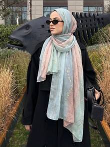 1条女士波西米亚风水墨印花围巾，春夏街头休闲防晒头巾披肩，适合日常佩戴和海滩穿着 - 藍粉紅漸層 - 查看 5