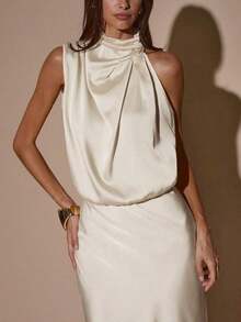 Vestido asimétrico sin mangas de color crema y amarillo, vestido de noche minimalista y sexy para fiesta, cóctel, boda, cumpleaños, vestido largo de satén - Albaricoque - Ver 4