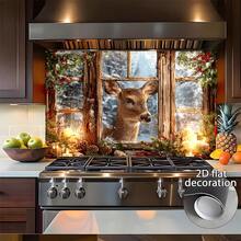 1pc 2D Flat Design Sticker Depicting A Deer In Front Of A Snowy Pine Window, Suitable For Kitchen Wall Decor. Easy To Apply, Durable PVC Material, Removable And Reusable, Flat Art Sticker, Kitchen Storage. - 1PC - View 8
