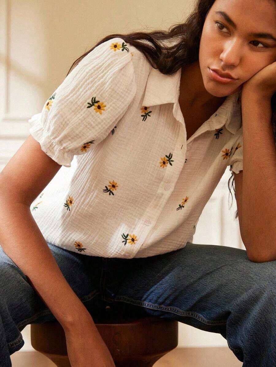 Blusa suelta con bordado elegante y de estilo retro francés, adecuada para mujeres jóvenes en primavera/verano - Blanco - Ver 1