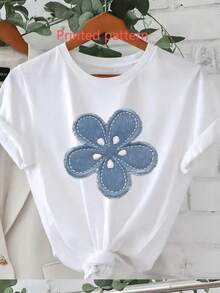 Camiseta con Estampado Gráfico, Manga Corta, Cuello Redondo, Top Casual para Verano y Primavera, Ropa de Mujer - Blanco - Ver 6