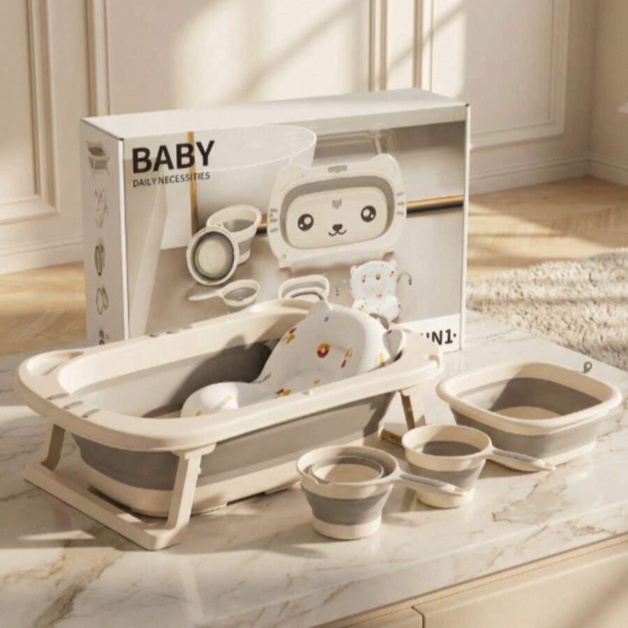 5pc Baby Bath Set With Foldable Bathtub, Thermometer & Soft Cushion, Portable Infant To Toddler Bath Kit With Pail, Scoop & Basin - 米色 - 查看 1