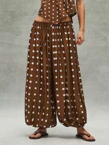 Pantalones sueltos de mujer con cordón y estampado de lunares tejido informal - Marrón - Ver 2
