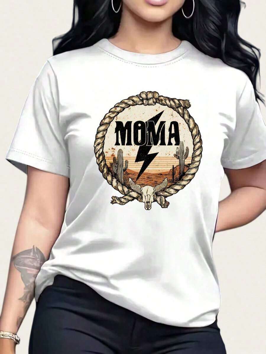 ropa de mujer Moma Western Desert Rock Band Camiseta para Mujer Unisex de Algodón Blanco con Diseño Gráfico de Cuerpo de Cuerda, Cactus y Calavera camisas de mujer - Blanco - Ver 1
