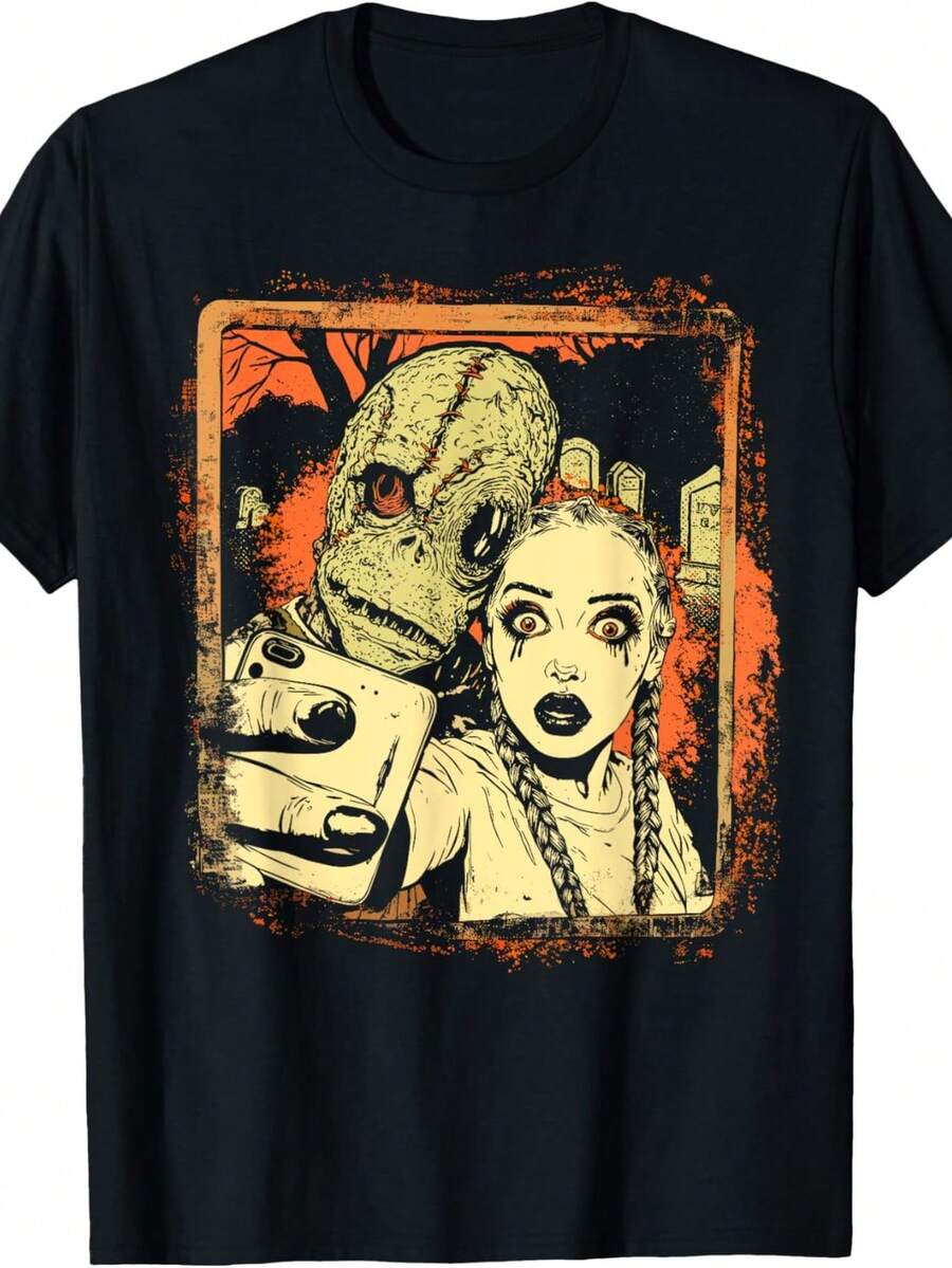 Camiseta con estampado de terror y monstruos de Halloween en un cementerio. Camiseta unisex de algodón puro de 220 g. Peso ideal para todas las estaciones, apta tanto para hombres como para mujeres. Tejido duradero de alta calidad, suave al tacto y de larga duración. Prenda transpirable, ideal para el otoño y las vacaciones. - Negro - Ver 1
