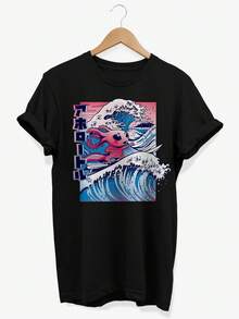 Camiseta Kawaii Axolotl Surfing con estampado Vaporwave japonés. Camiseta unisex de algodón puro de 220 g. Peso ideal para todas las estaciones, apta tanto para hombres como para mujeres. Tejido duradero de alta calidad, suave al tacto y de larga duración. Prenda transpirable, ideal para el otoño y las vacaciones. - Negro - Ver 1